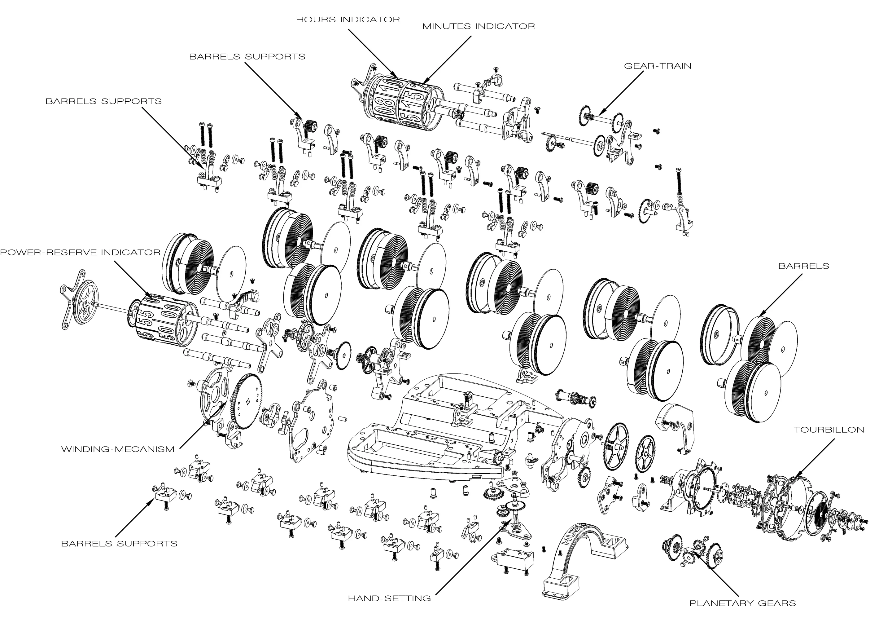 A diagrammatic breakdown of the components that together form the MP-05 LaFerrari watch