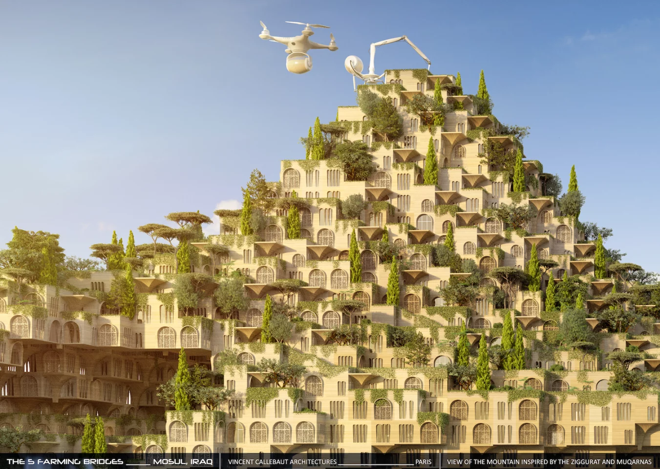 "Five 3D printers in the form of articulated spiders will allow the construction of 30 houses per day, or nearly 55,000 housing units in five years spread over the five bridges," explains Callebaut