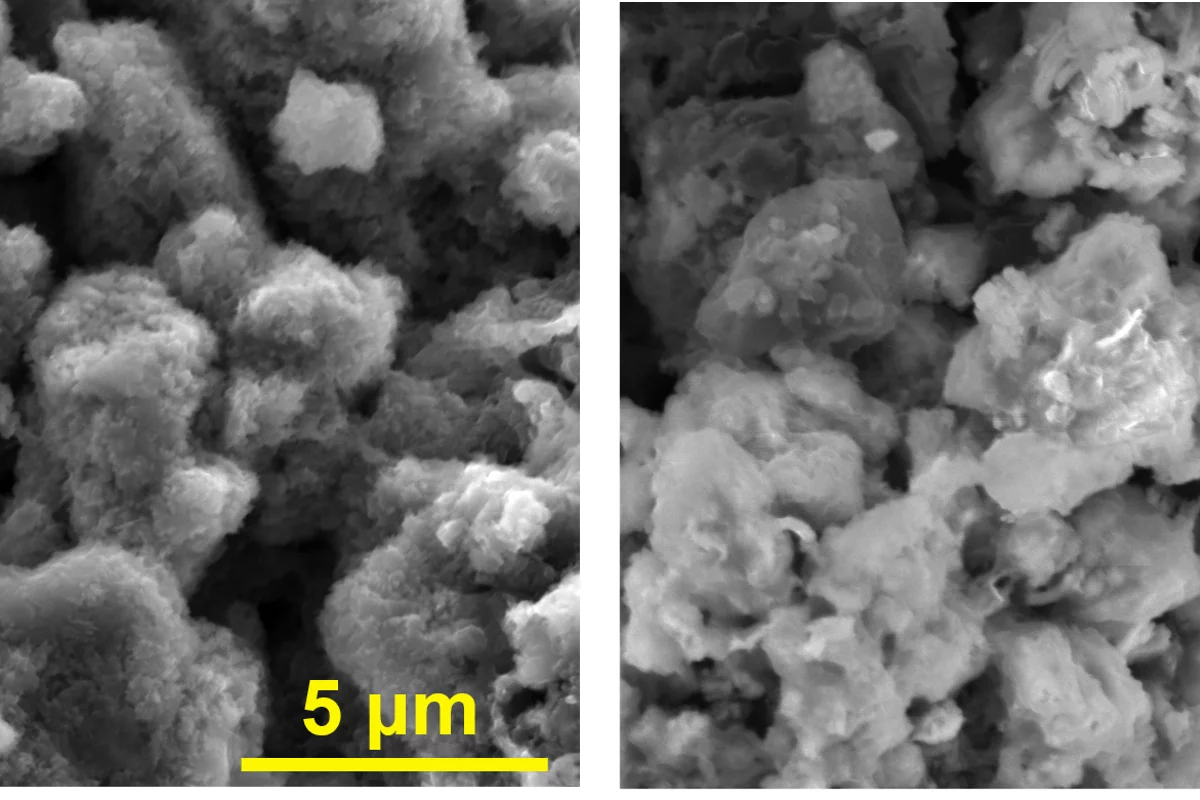 A scanning electron microscope of the new battery anode: left containing asphalt, graphene nanoribbons and lithium, while the right image only contains the asphalt and graphene