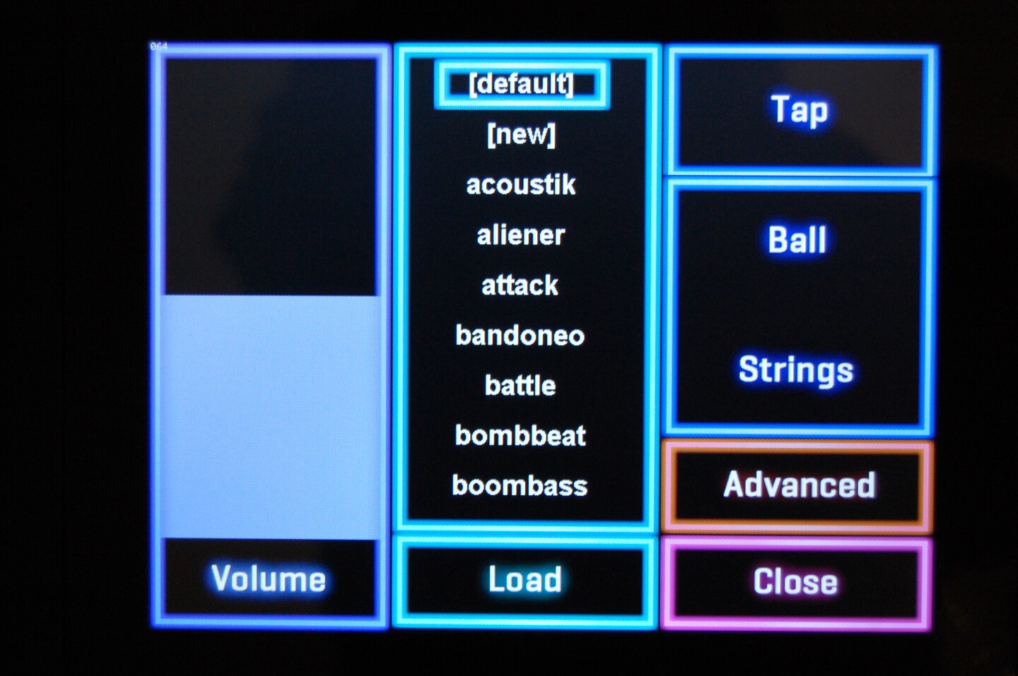 The configuration menu - volume slider to the left, preset in the middle and Advanced settings to the right