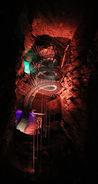 The three trampolines are linked together by 60 ft (18.3 m) slides and a spiraling staircase