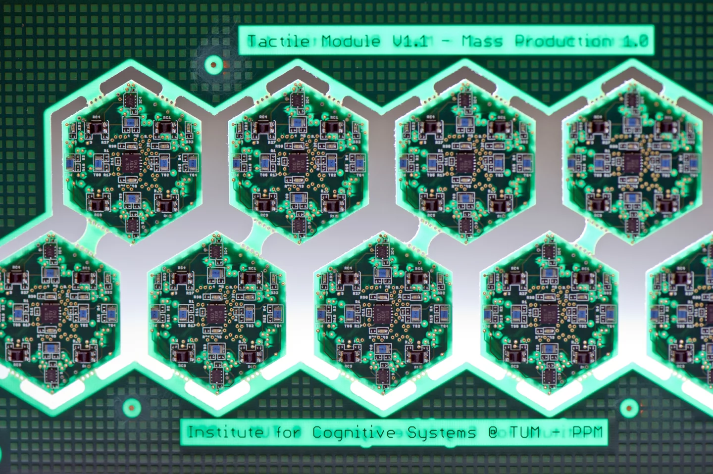 The hexagonal sensor modules that provide the robot with a sensitive skin (Image: Andreas Heddergott / TU Munich)
