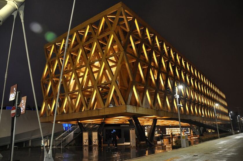 Chile's Pavilion features a dramatic external wooden facade and stretches over 1,910 square meters (20,560 sq ft)