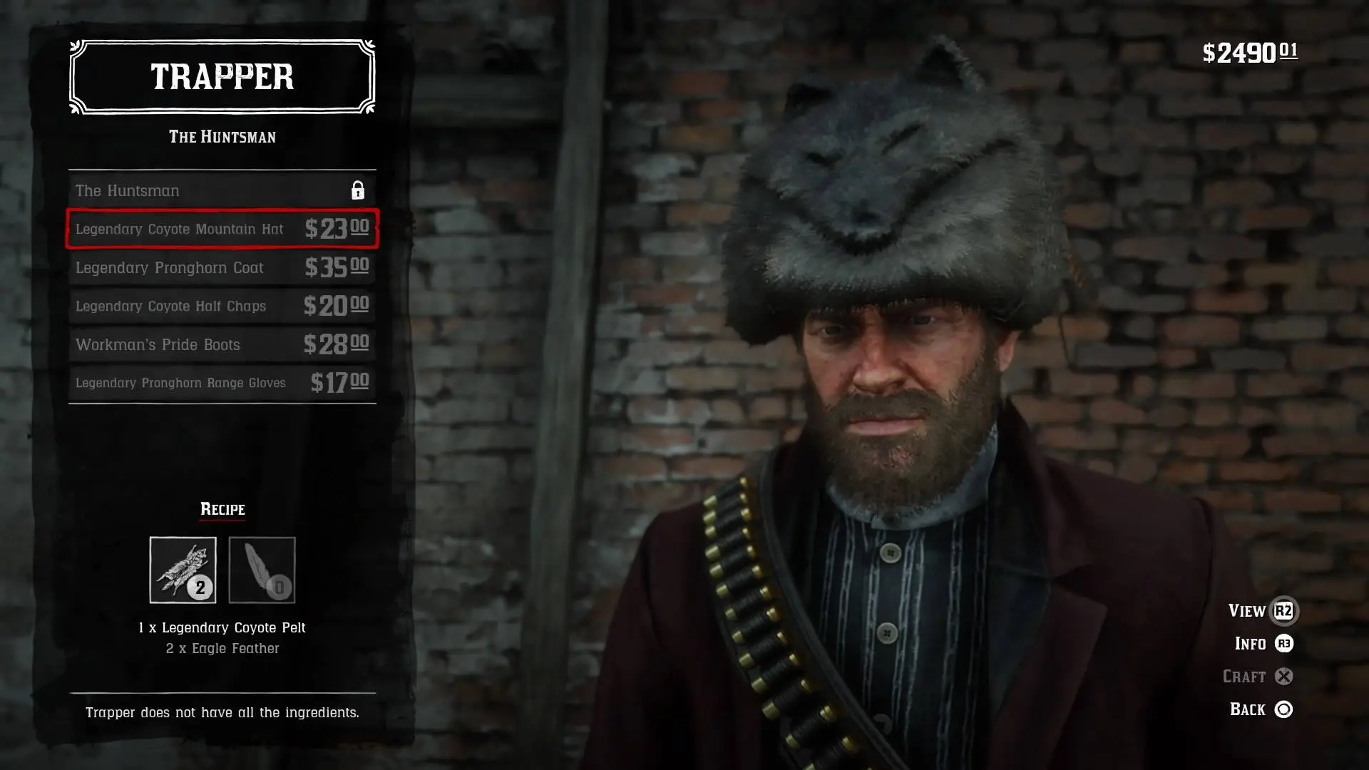 The trapper will make you a mountain hat and half chaps out of your Legendary Coyote pelt