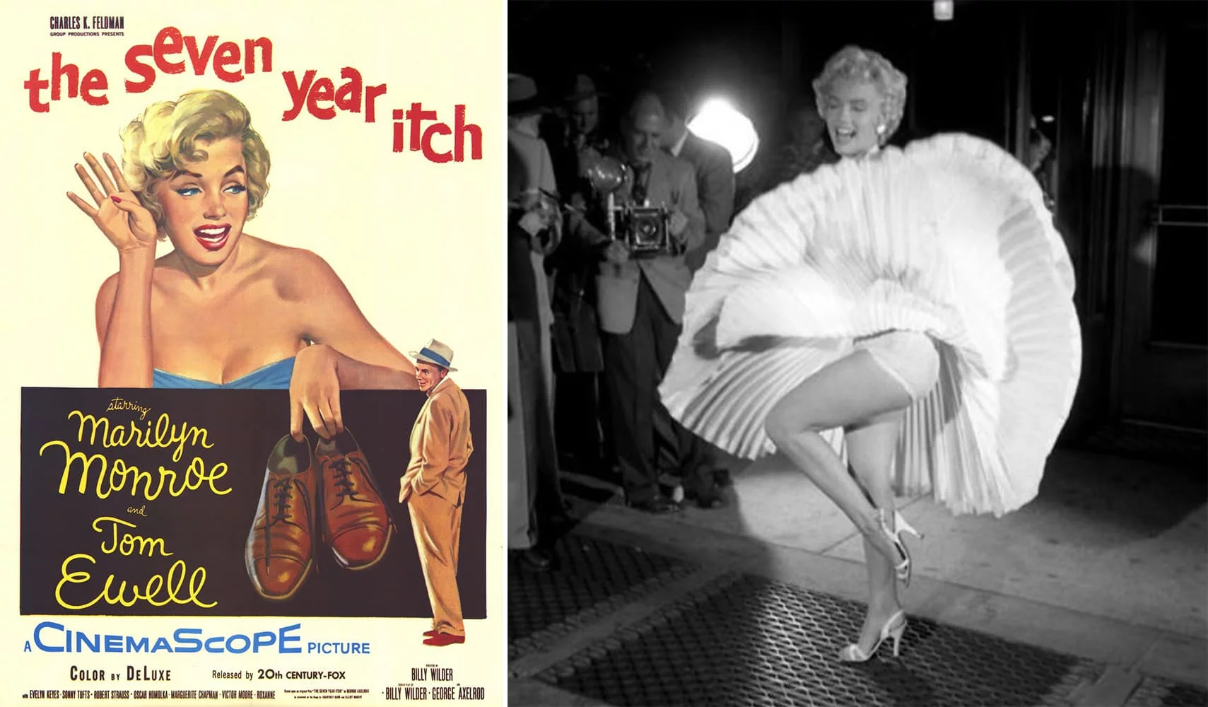 This rayon crepe halter dress with pleated skirt by Travilla is the most expensive item of clothing ever sold! It was worn in the 1955 movie The Seven Year Itch by Marilyn Monroe, who played the female lead role while Tom Ewell played the male lead. Tom now rates only a footnote in cinematic history, while Marilyn's subway grate scene became one of the most recognizable images in modern society.