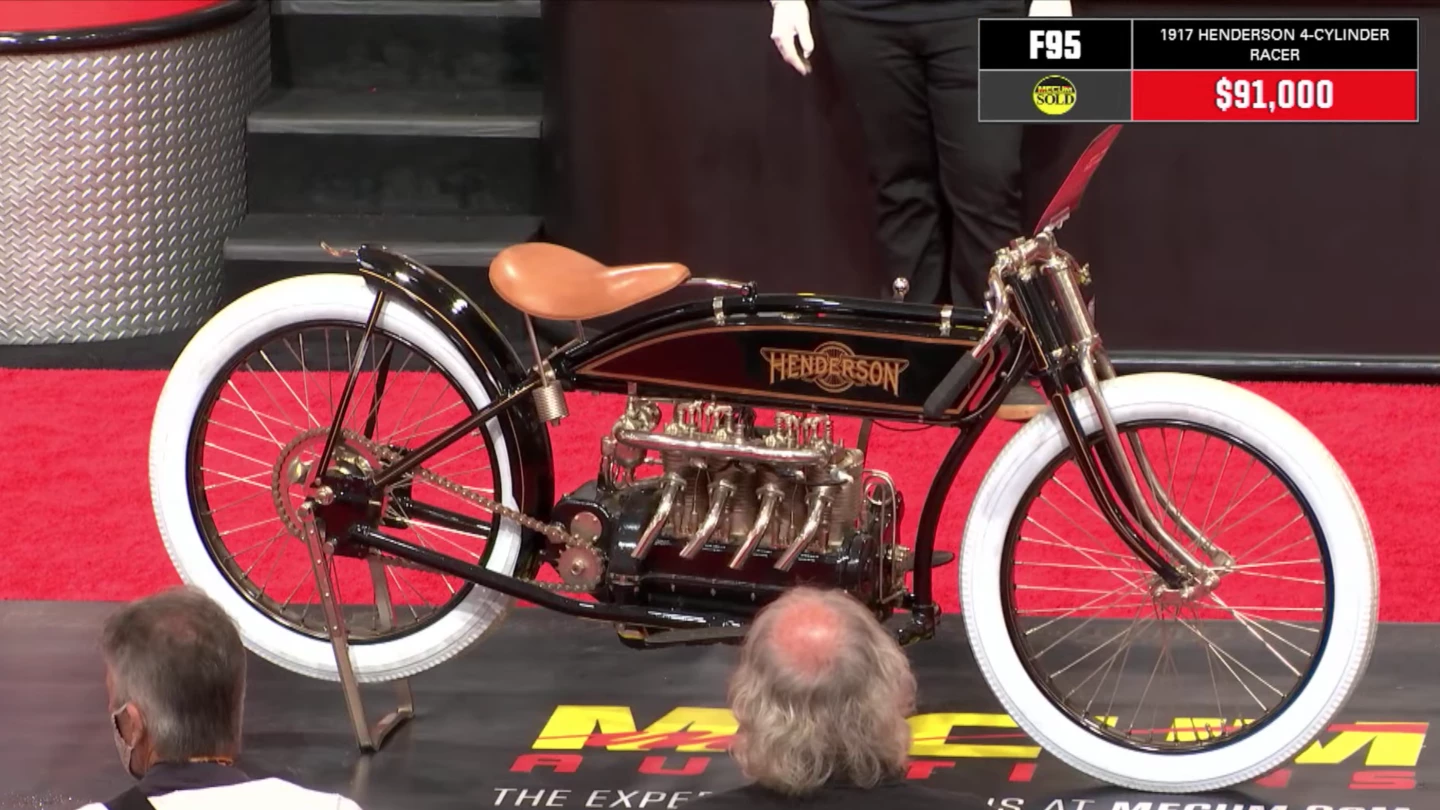 This 1917 Henderson 4-Cylinder Racer went to auction during Monterey Car Week with Mecum Auctions (Lot F95) on 13-August-2021 with an official estimate of $85,000 to $100,000. The bike sold for a hammer price of $91,000 which equates to a total price of $100,100 including buyers premium