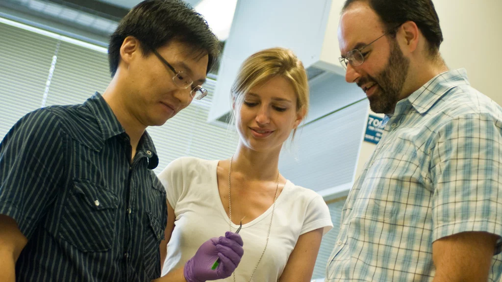 Postdoctoral associate Jae-Hee Han, left, graduate student Geraldine Paulus and associate professor Michael Strano built a fiber of carbon nanotubes that can concentrate solar energy (Image: Patrick Gillooly)