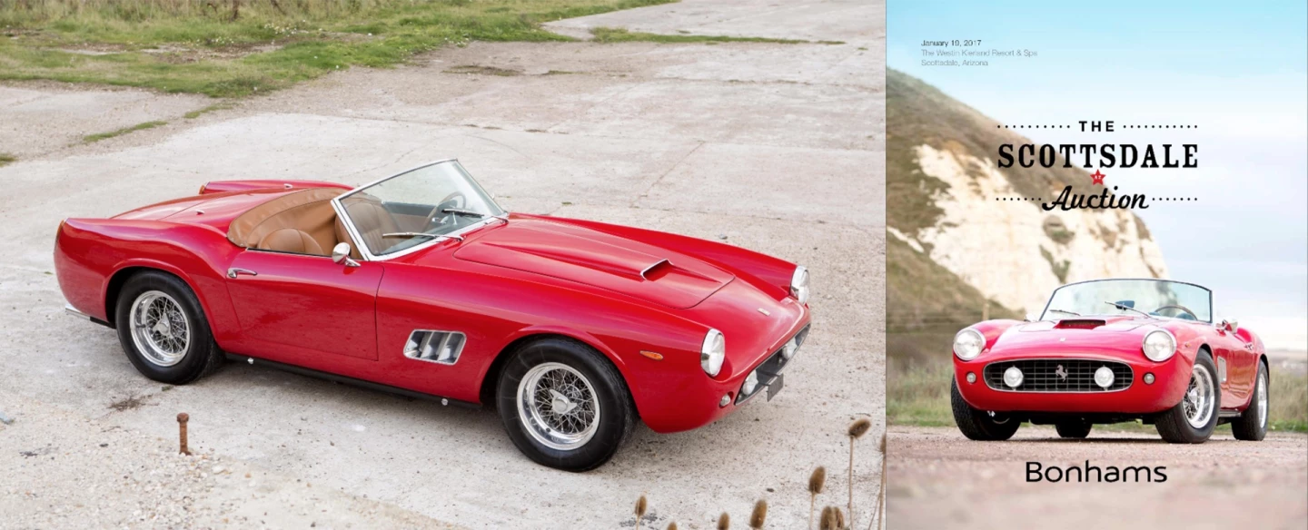 This is the 1960 Brussels Motor Show Ferrari 250 GT SWB California Spider, the most important model series in Ferrari history. A 1961 Ferrari 250 GT SWB California Spider was the first ever car to sell for more than $10 million in 2008, five others have sold for more than $15 million since then, and with only 56 ever made. Hence it is little wonder that this car is the catalogue cover car for Bonhams in Scottsdale.