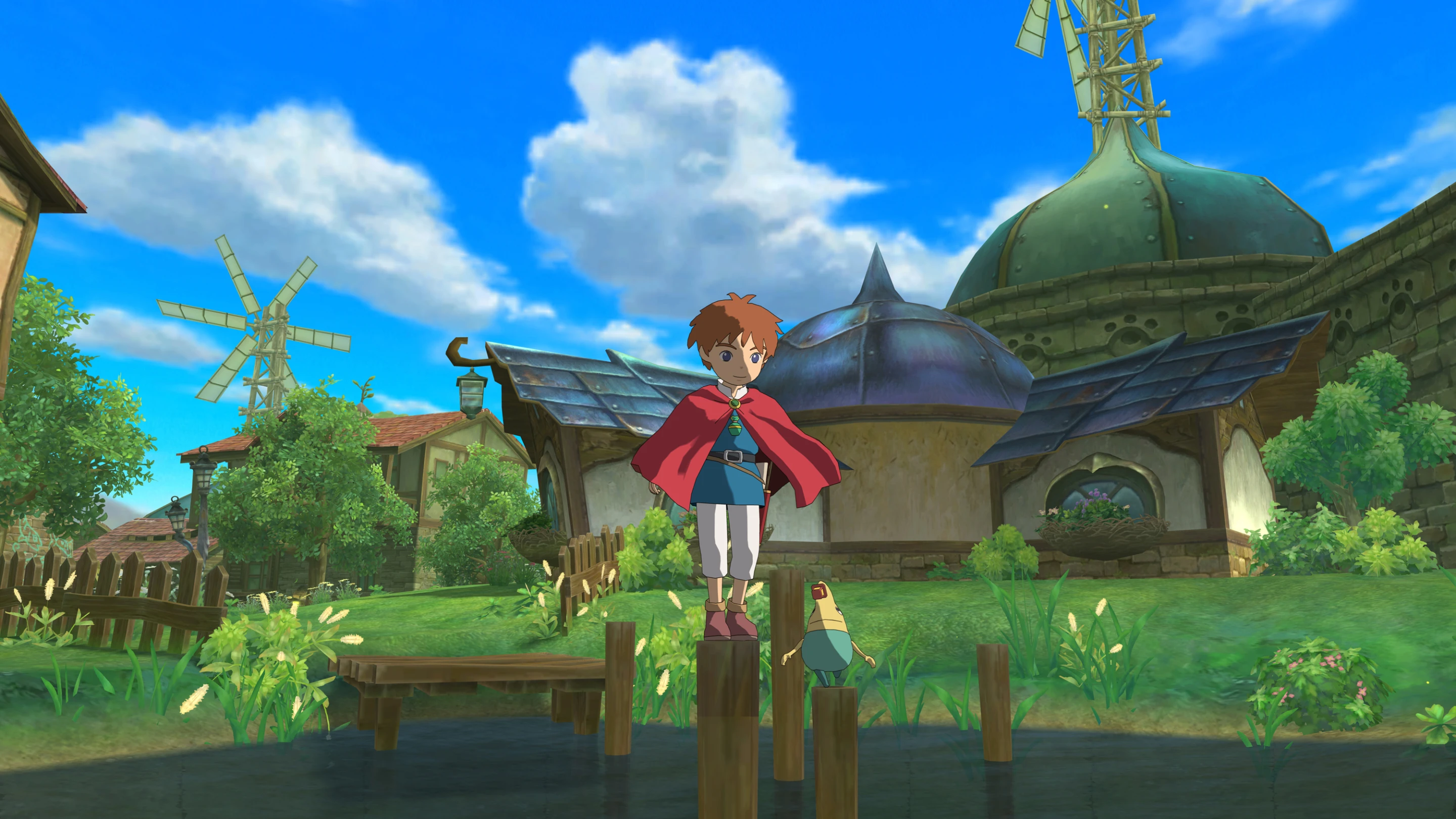 Oliver effortlessly balances atop some wooden poles near a small pool in Ding Dong Dell