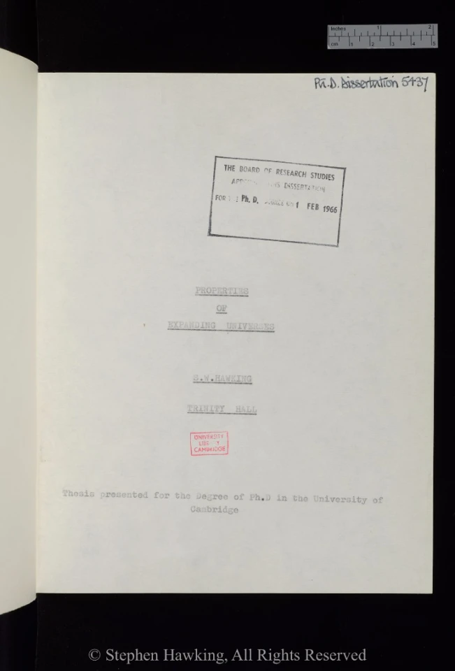 Title page of Stephen Hawking's PhD thesis