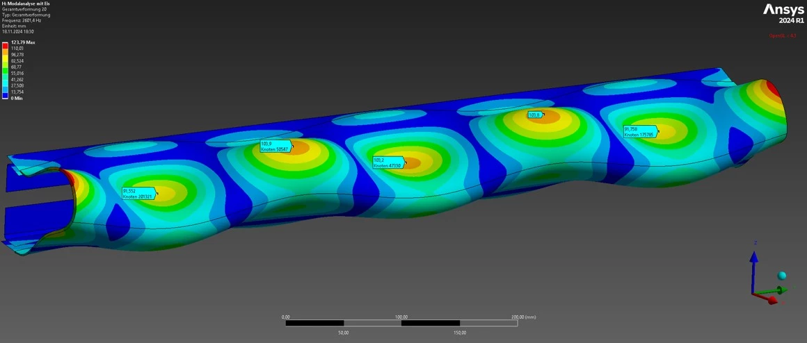Cette image illustre une simulation des vibrations d'une aile d'avion entrant en mode propre, un état dans lequel plusieurs parties de l'aile vibrent à la même fréquence (Source : Fraunhofer LBF).