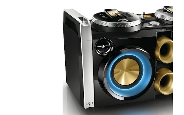 Speaker rings glow various colors in time with the music