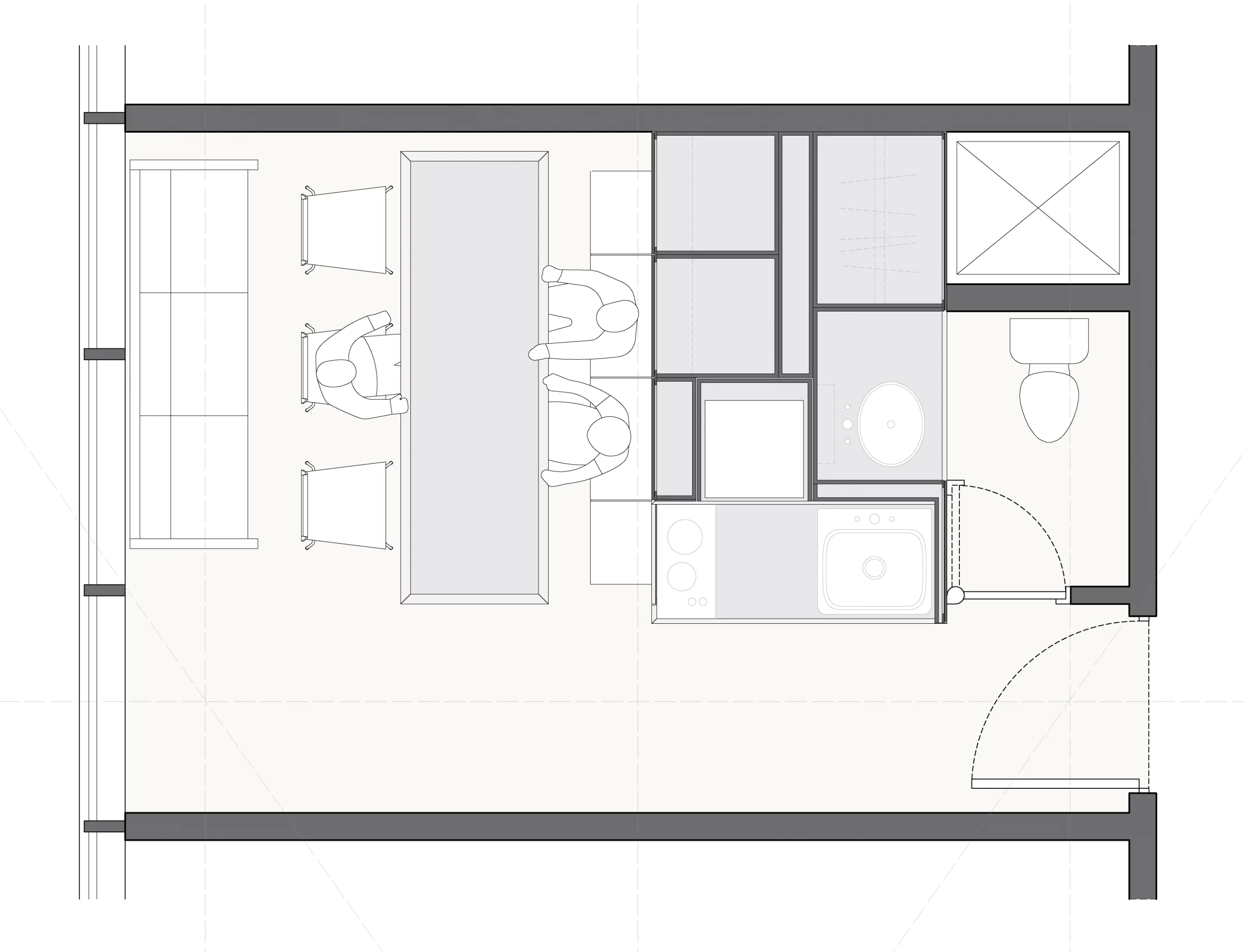 Drawing shows the unit moved towards the bathroom to allow the concealed 6-person dining table to be extended
