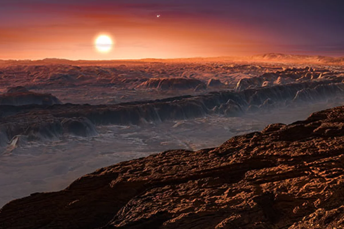 Artist’s impression showing a view of the surface of the planet Proxima b orbiting the red dwarf star Proxima Centauri, the closest star to the solar system