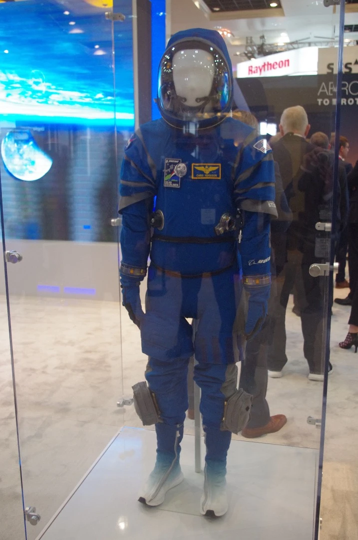 Boeing was on hand with a simulator for its Starliner crew capsule, which you can read about here. Just outside that exhibit, was this "blue suit" designed by David Clark, which passengers would don before riding into orbit in the capsule. The suit is much lighter than the one traditionally worn by astronauts because the Starliner capsule will be temperature controlled and heated.