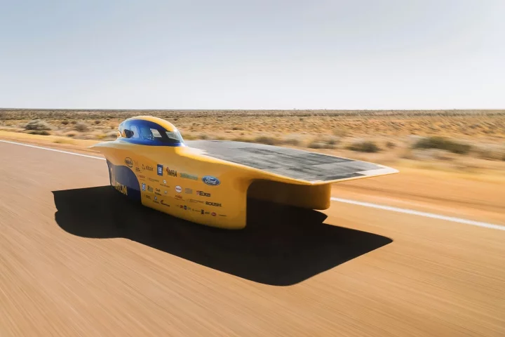 The University of Michigan's Aurum solar car features an asymmetrical catamaran body