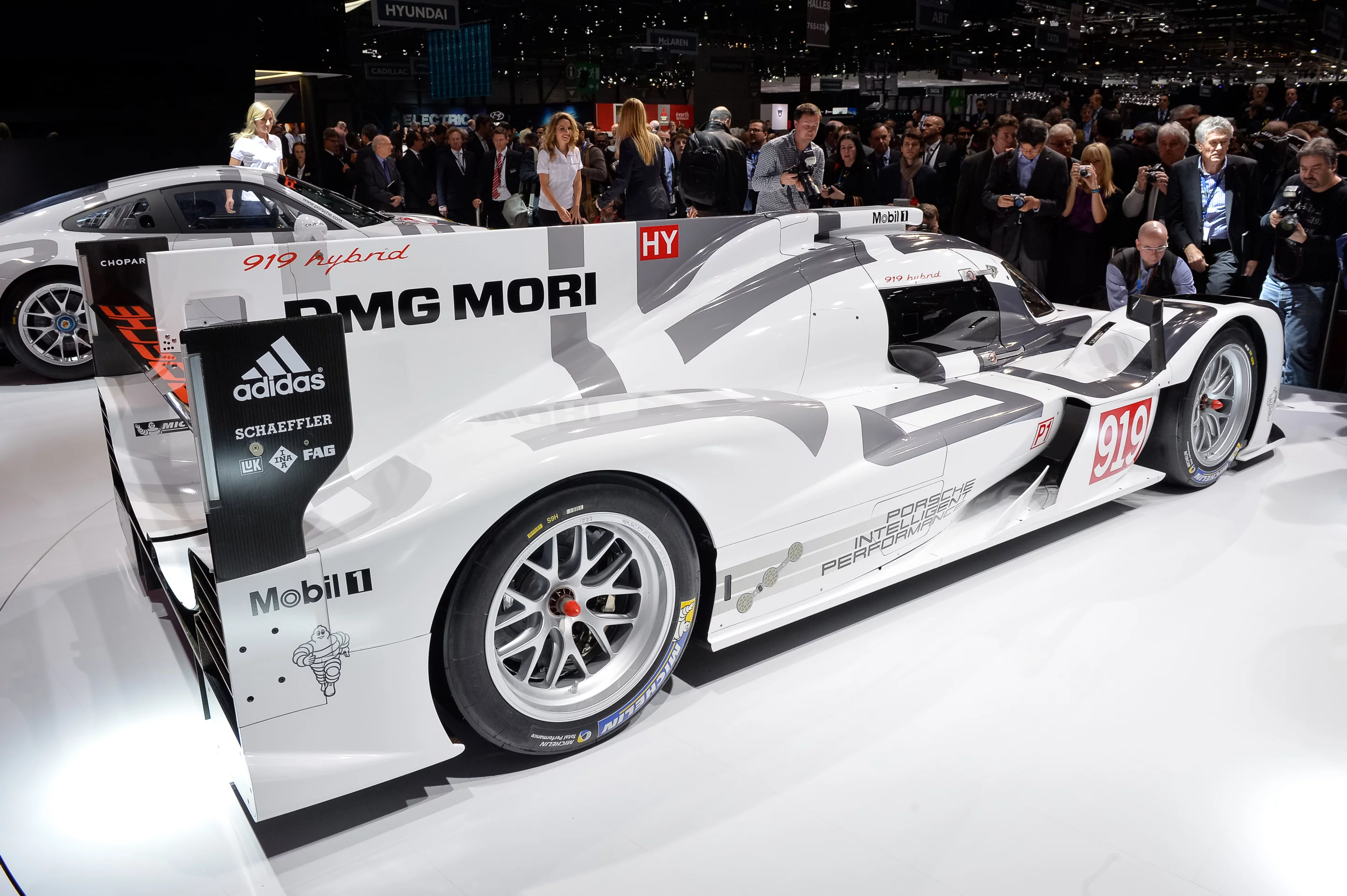 The Porsche 919 Hybrid at its launch at the Geneva Motor Show