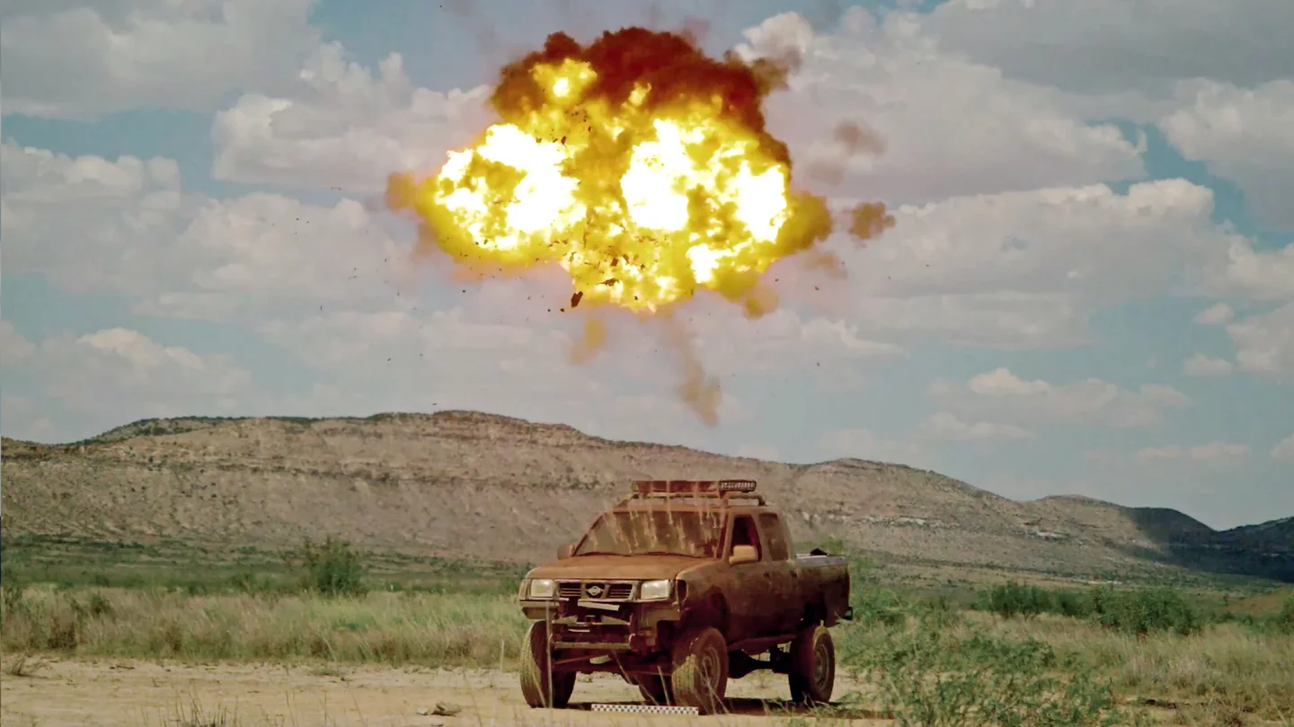 Demonstration only: The Bolt-M violently explodes, showering the unoccupied target vehicle with munition payloads designed in collaboration with Kraken Kinetics