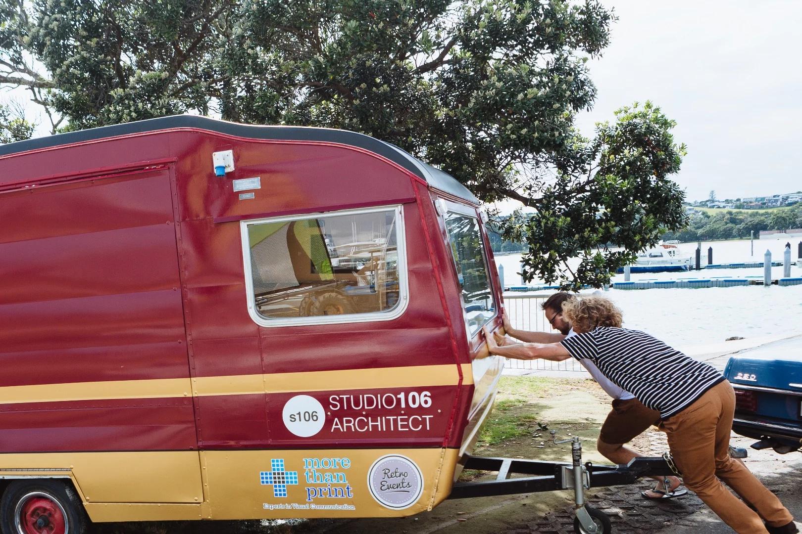 The Studio106 team positions the caravan studio for the day
