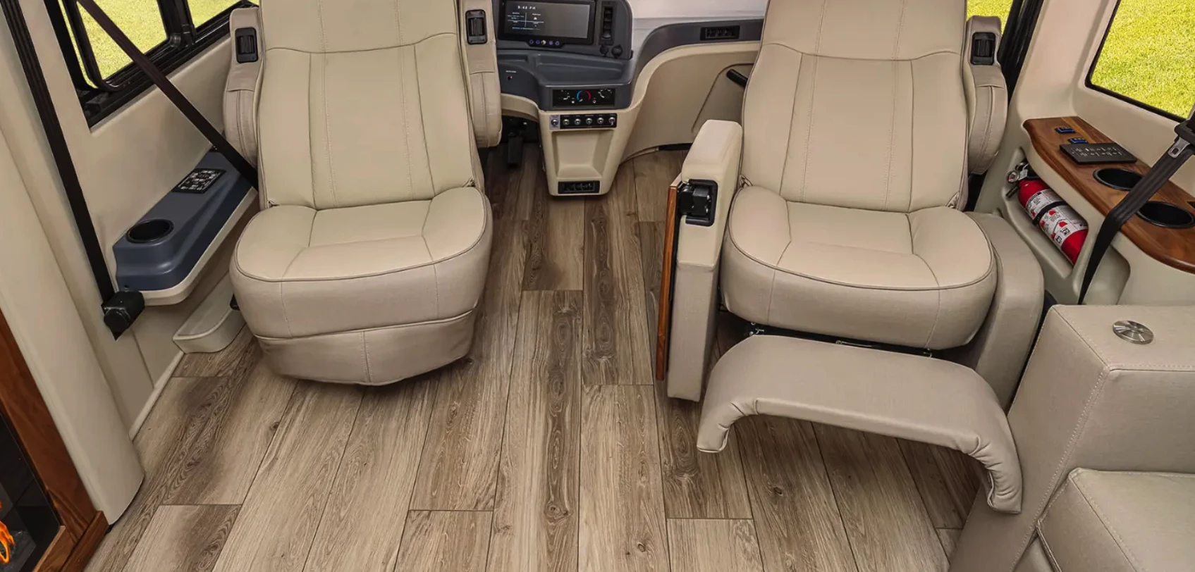 The front seats swivel around, and the passenger seat can be equipped with an optional footrest