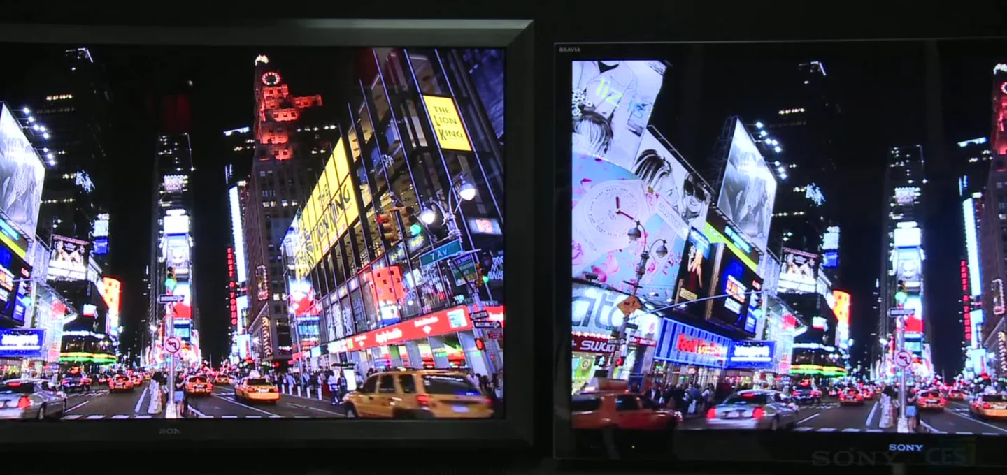 The 55-inch Crystal LED prototype display (left) alongside a current top of the range BRAVIA