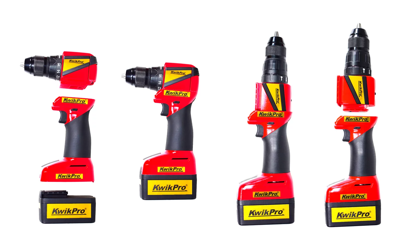 The KwikPro two-way fitting system allows drills to be used in a pistol-grip fashion, or end-on (in parallel with the handle) to accommodate work in tight spaces