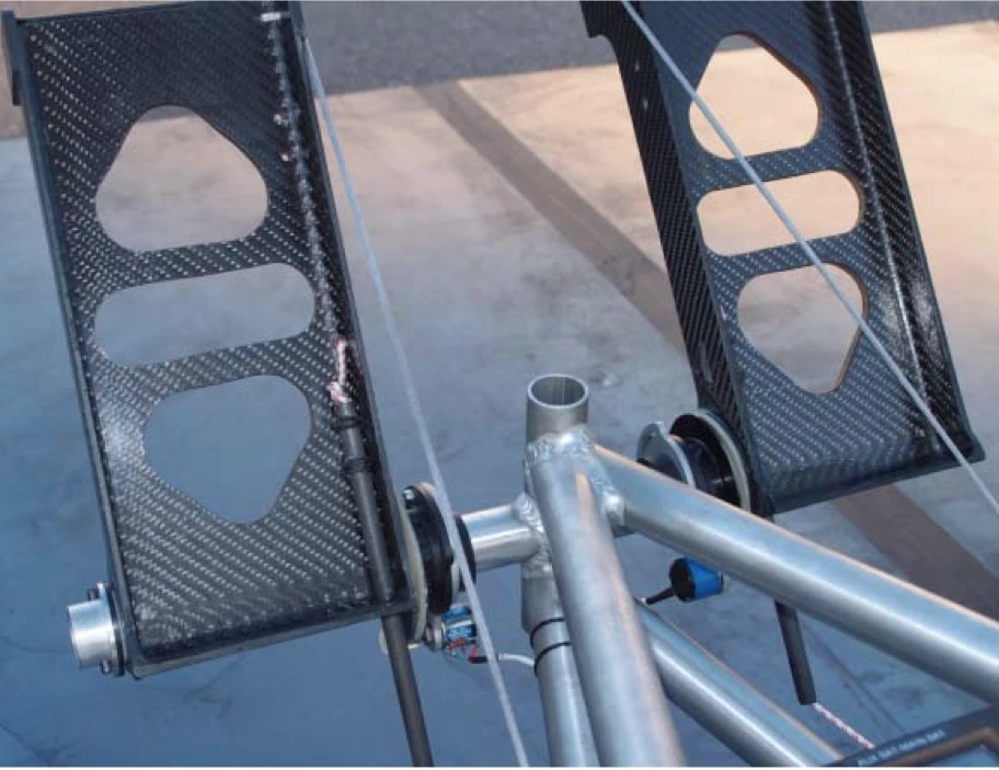 Yaw pedals, featuring mechanical linkages to the rear tail fin, as well as sensors to send control inputs to the top rotor controllers to affect yaw.