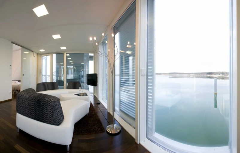 The floating home offers scenic waterfront views