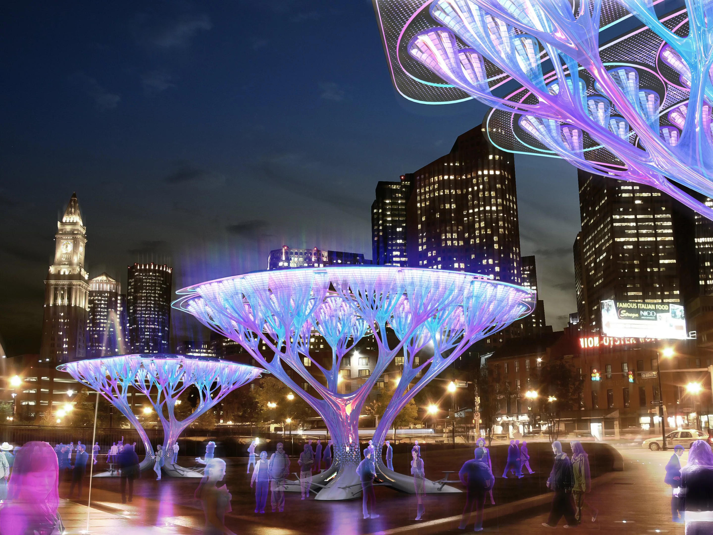 At night, multi-color lighting enhances the beauty of the Treepods structures