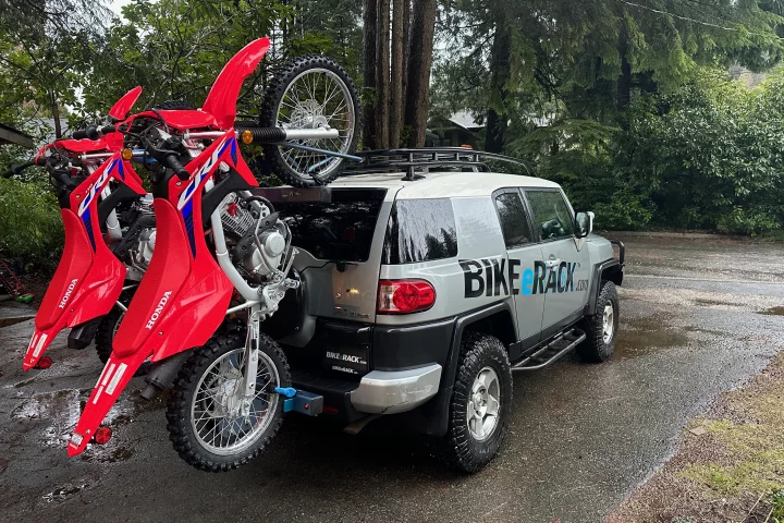 The new MX line of the Bike eRack is beefy enough to lift motorbikes, although it can still also carry mountain bikes