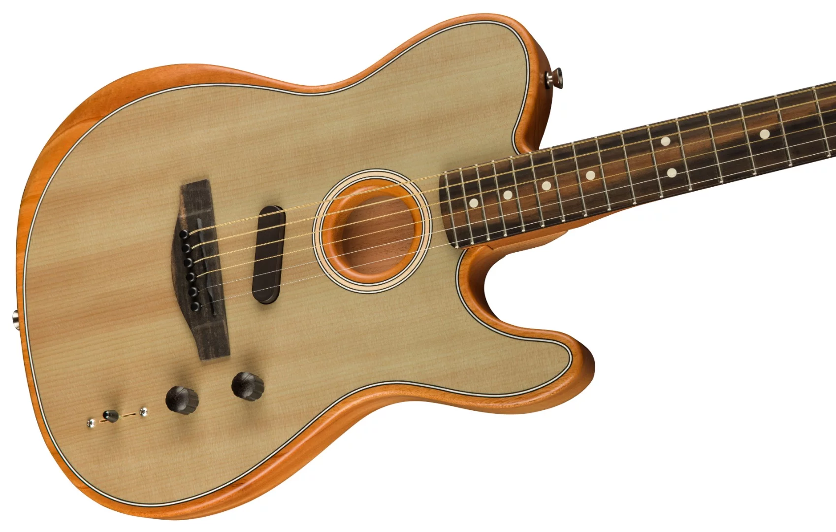 The American Acoustasonic Telecaster features an Acoustic Engine that optimizes the tone and then modifies the resonance to offer a carefully curated collection of acoustic and electric voices