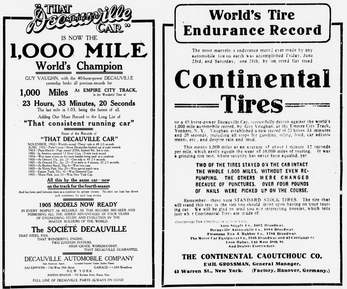 Using a one mile track at Empire City Racetrack in New York on 24 June 1905, 18-year-old Guy Vaughn, driving a 40-hp Decauville, set a new world 1000 mile record with a time of 23:33:20, and also a new record for covering 1015 and 5/8 miles in 24 hours.