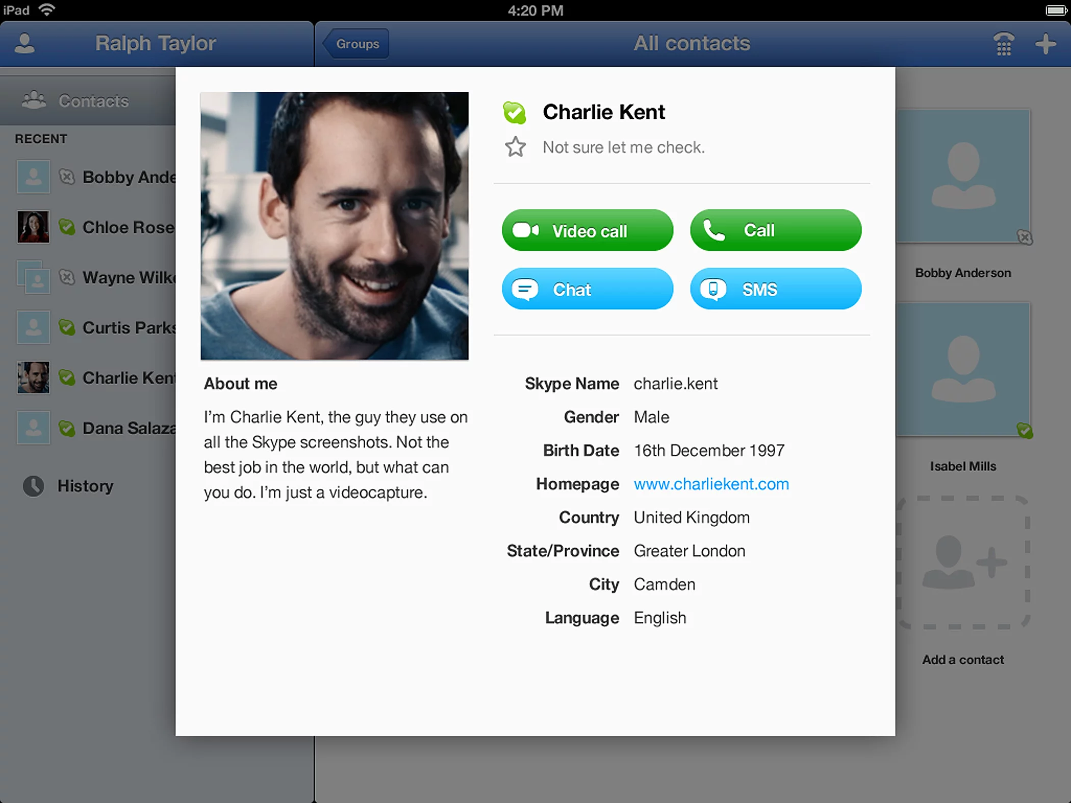 The Skype for iPad Profile screen