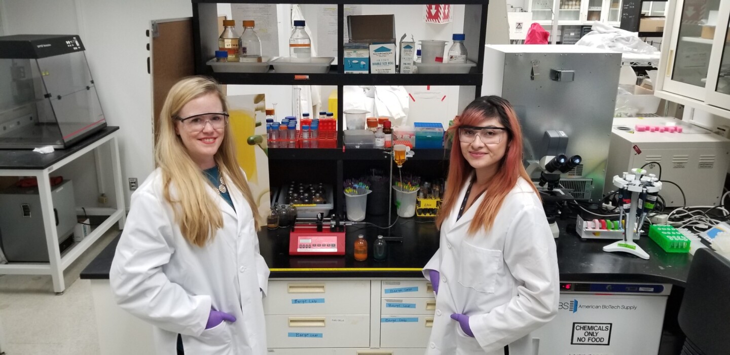 Laurie Barge, left, and Erika Flores, right, in JPL's Origins and Habitability Lab in Pasadena, California