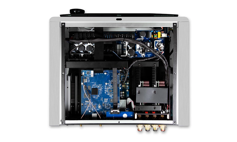 At the heart of the M33 is a 32-bit/384-kHz ESS Sabre DAC, it's reckoned to be the first amplifier to feature Purifi's ultra low noise amplification technology, has the BluOS multi-room platform built in, and comes with Dirac room correction technology