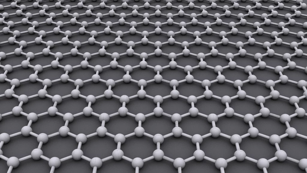 The hexagonal grid structure of graphene (Image: AlexanderAlUS via Wikipedia)