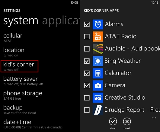When you set up kid's corner, only select the apps and other items you want them to have access to