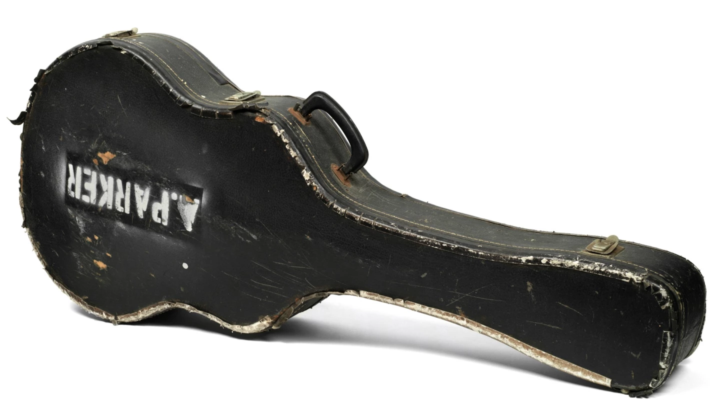 In 1970, Hendrix gave the guitar to Blue Mink guitarist Alan Parker, hence the stencilling on the battered guitar case