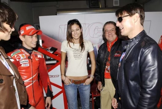 Katie Holmes (Mrs Cruise), Casey Stoner, Adriana Stoner, Carlo Bonomi, and Tom Cruise in the pits at the US MotoGP round earlier this year.