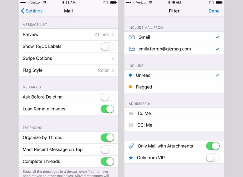 (L) new Mail settings make it easier to set preferences for your inbox; (R) the inbox is now easier to view thanks to easy-access filter options