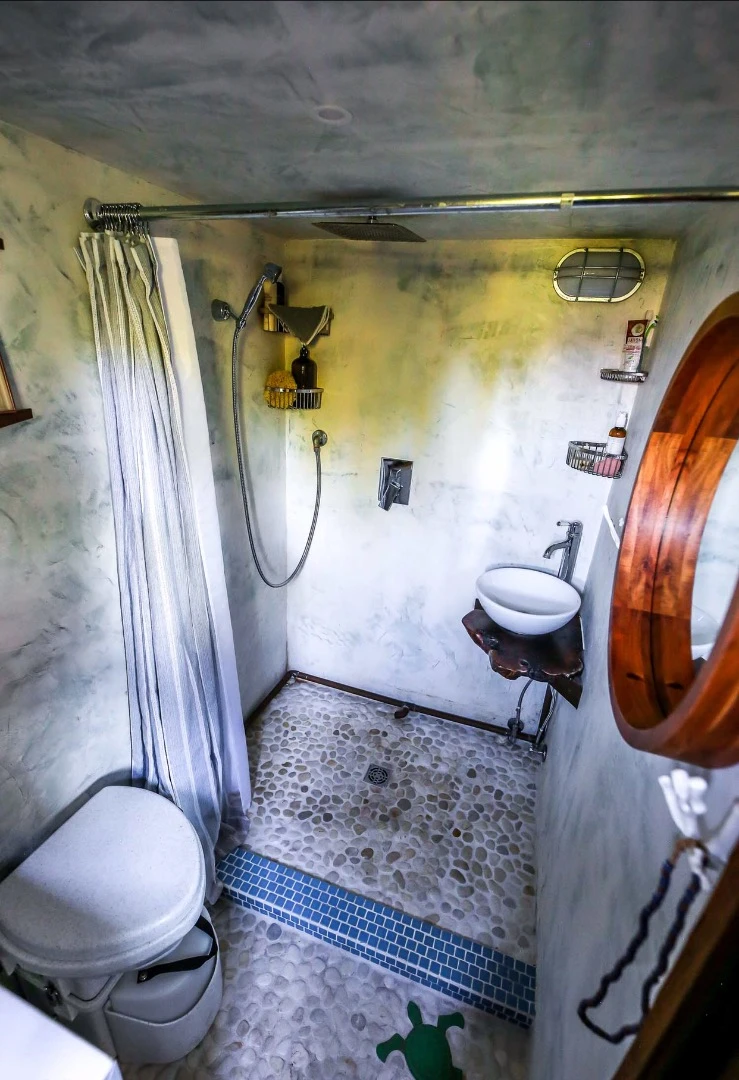 El Toro's bathroom includes a sink, shower, composting toilet and a washer/dryer