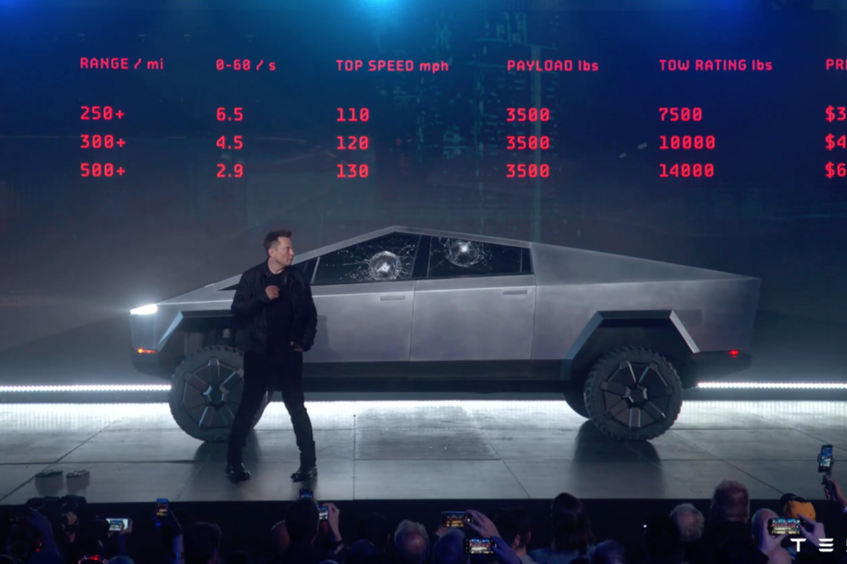 Tesla's bizarre Cybertruck, with two unfortunately non-smash resistant windows