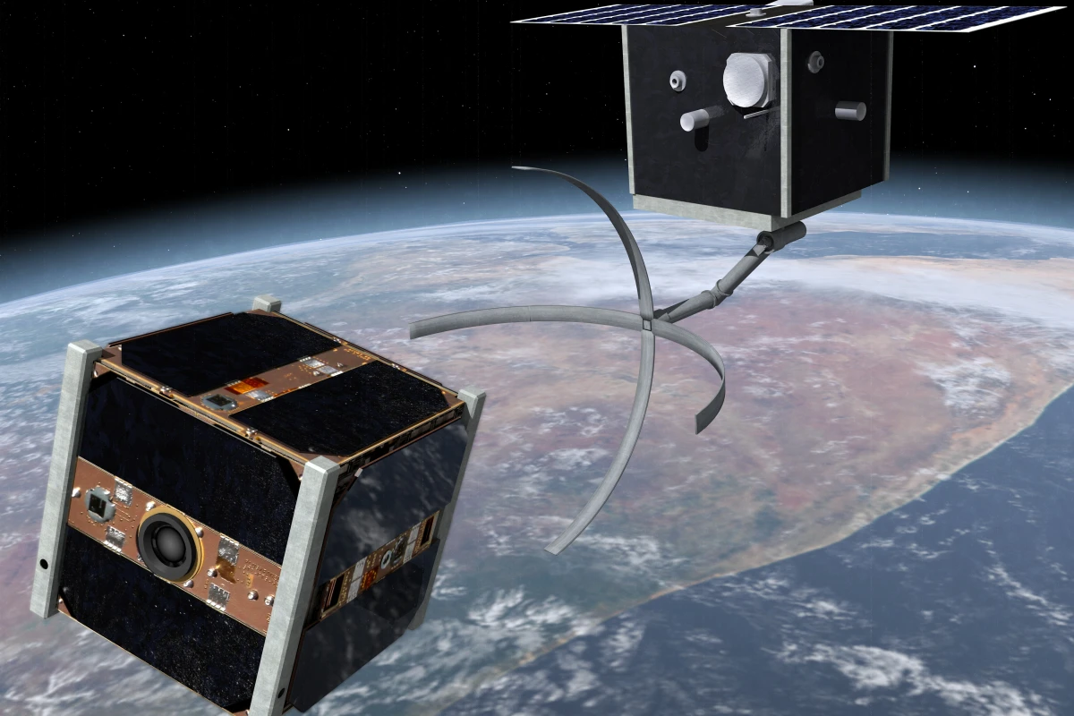 Artist's concept of CleanSpace One approaching a satellite (Image: EPFL)