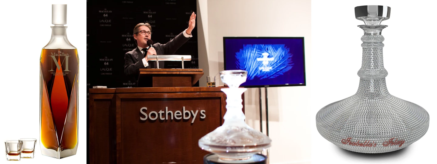 That's the Lalique crystal decanter of Macallan M that fetched $628,000 at left, the Macallan Lalique Cire Perdue that sold for $460,000 in the center and at right is a decanter of Isabella's Islay that sold for $6.2 million. Though it technically became the most expensive bottle of whisky ever sold, and the whisky was no doubt a fine drop, the crystal decanter was framed in white gold and had 8,500 diamonds and 300 rubies embedded. Accordingly, it's not so much a $6.2 million bottle of whisky but a $6.2 million bottle with whisky in it.