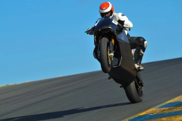 An electrifying wheelie on the Mission One electric superbike. Electrifying, get it?