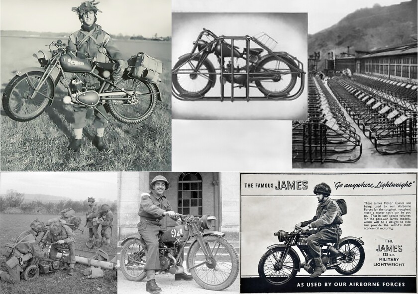 The most common of the airborne motorcycles became the Royal Enfield Flying Flea. This ultra-lightweight 125cc two-stroke capable of 130 mpg economy with a top speed of 45 mph - top row) and 7000 units were produced. The bikes were manufactured then fitted into tubular steel cradles capable of withstanding a parachute landing (center and top right). In terms of quantity, the Cushman 53-A was the second most prolific paratrooper motorcycle in the European theatre with roughly 4500 units built, and the British folding Welbike with 3,500 units was third - that's the Welbike at bottom left, being assembled by British Commandos on the battlefield from an airdropped cylinder.