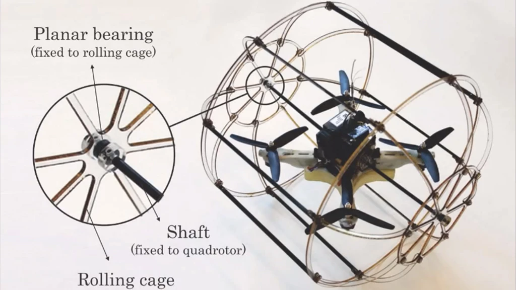 The HyTAQ's quadrotor is joined to the cage via a shaft connect by two rotating joints