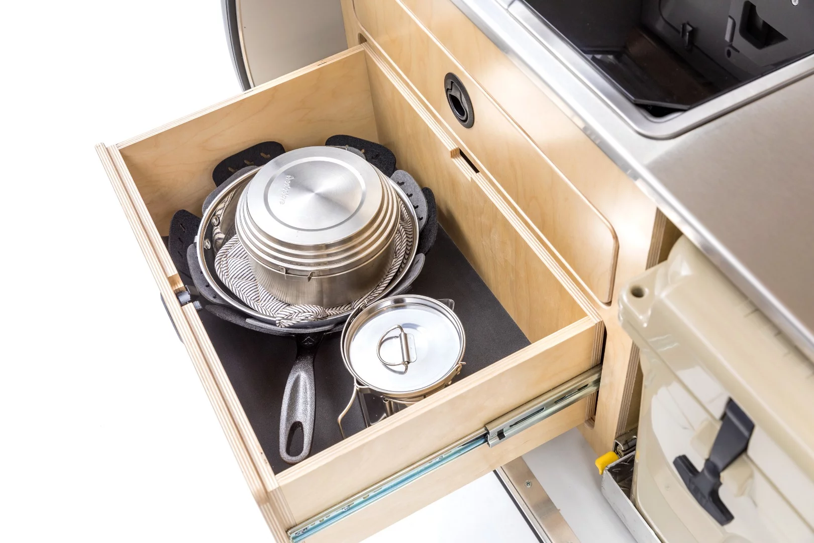 Escapod adds a little depth to its drawers by eliminating the middle one and just using a pots/pans drawer and utensil/tool drawer