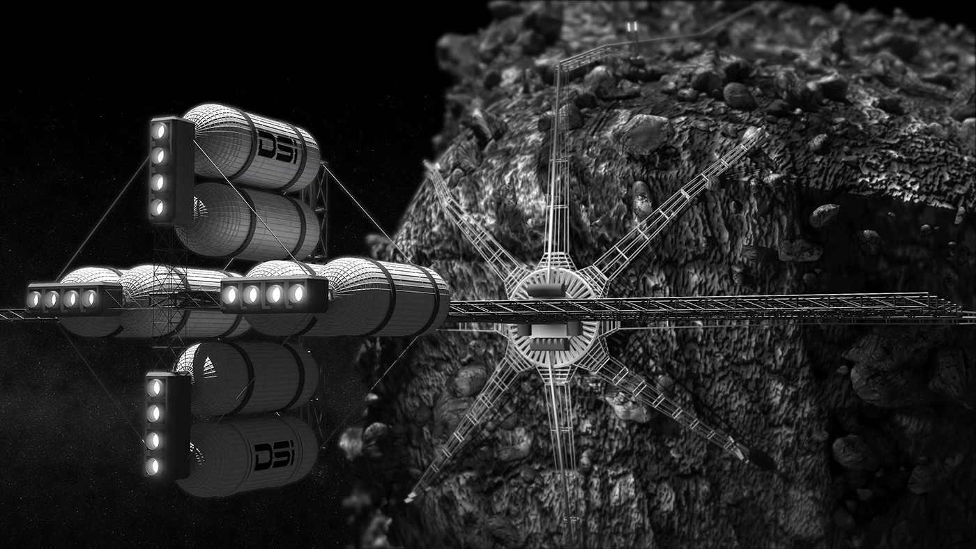 The DSI Harvester is designed to attach to nearby asteroids and subsequently mine and harvest the rocks for select resources (Image: Bryan Versteeg / Spacehabs.com)