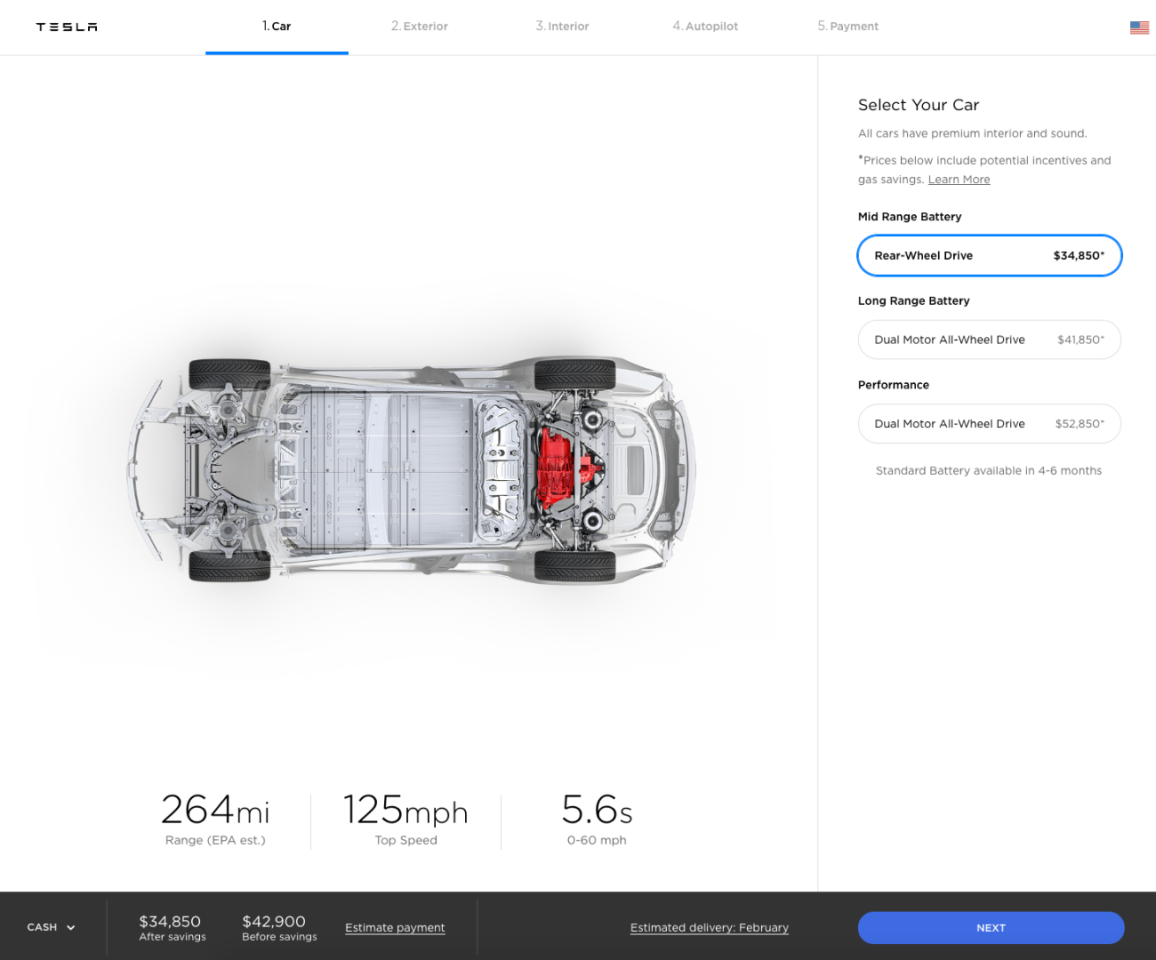 New pricing for the Model 3 on Tesla's website